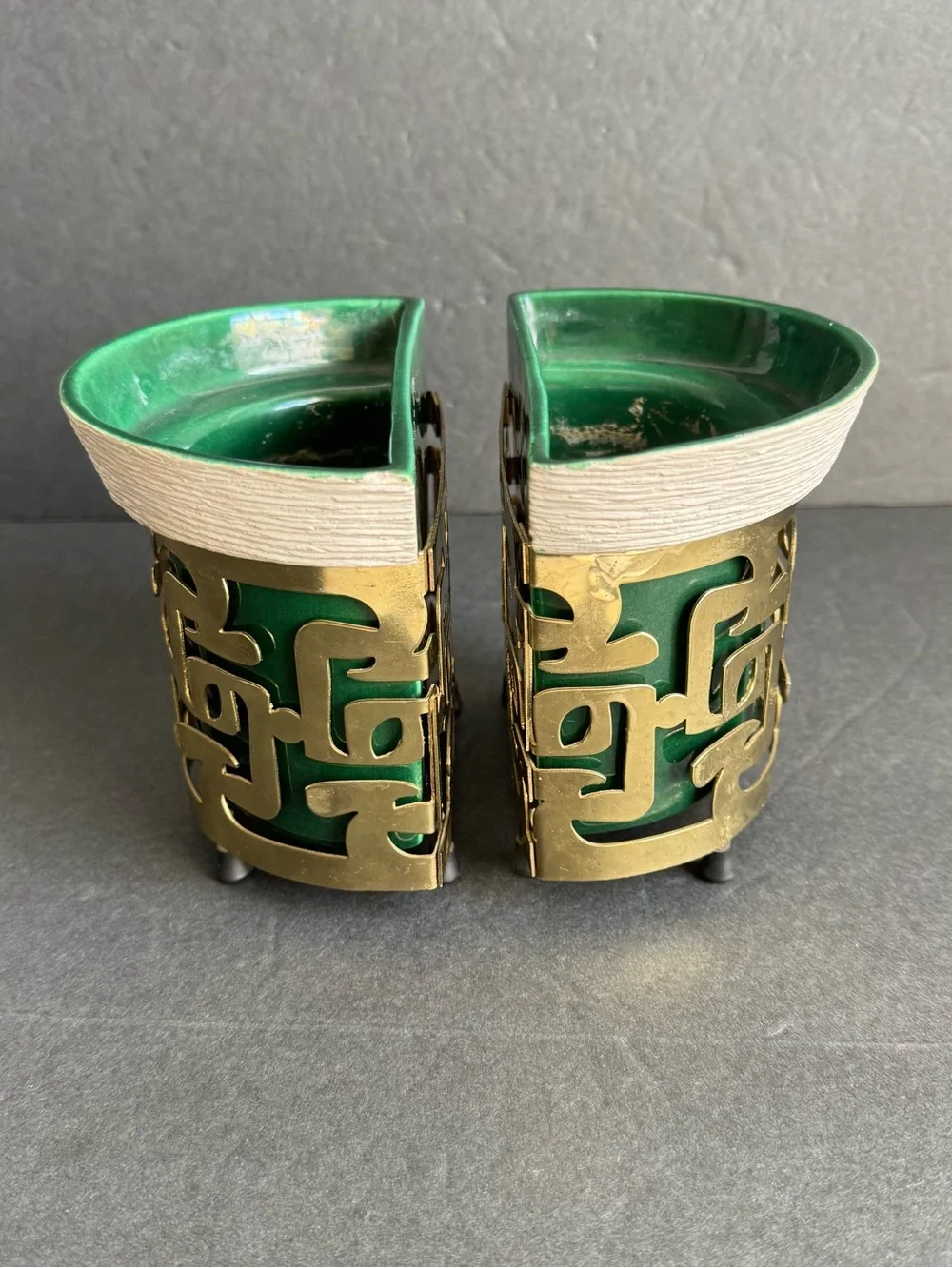 Vintage Miramar California Pottery Planters Wall Pockets Green Gold Mid Century